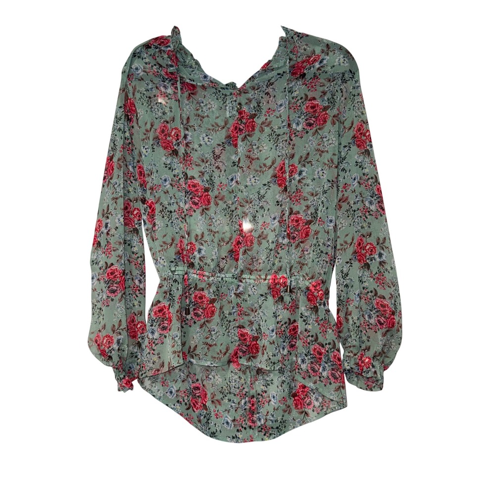 Anko Floral Peplum Blouse Womens 12 Green Red Sheer Gauze